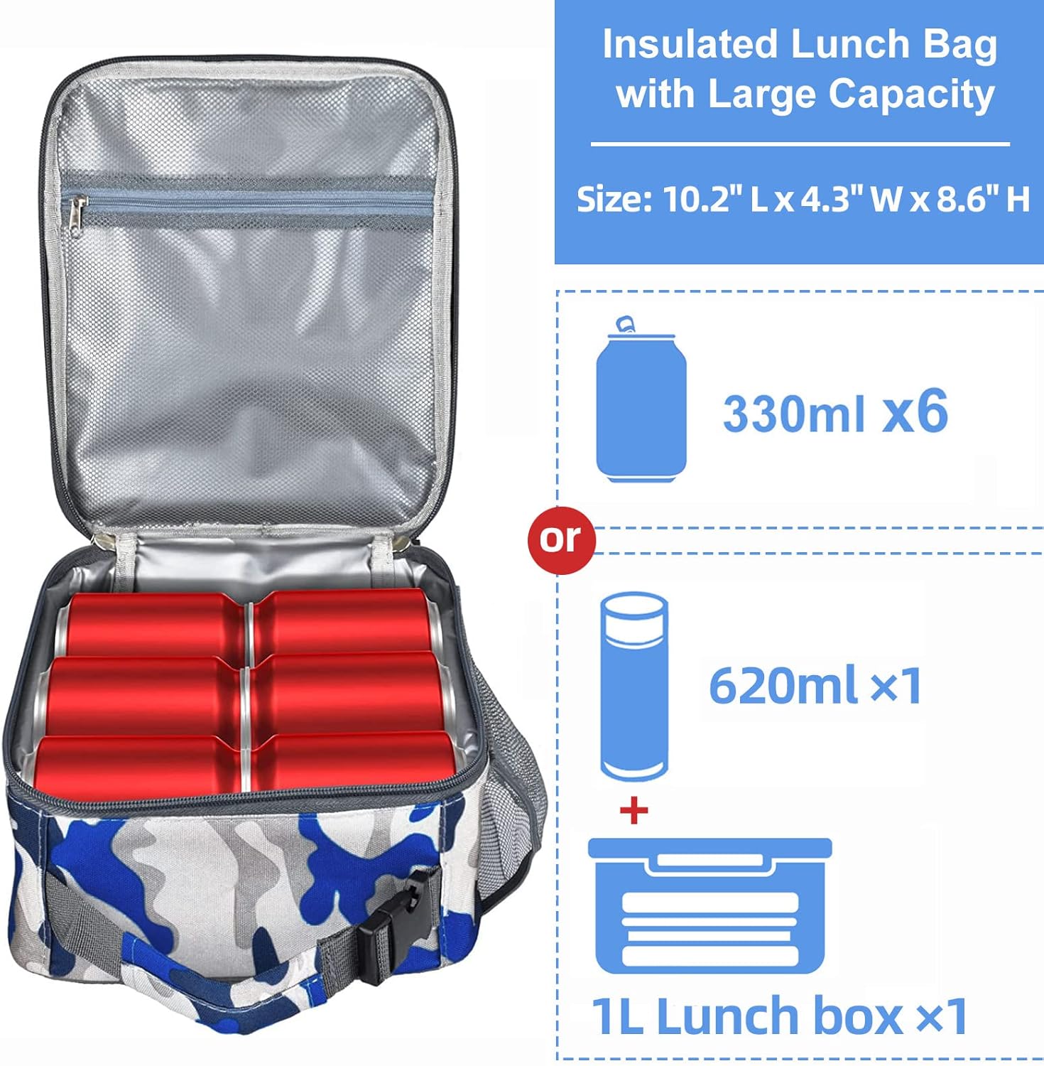 Insulated Lunch Bag, Leakproof Portable Box for Women Men Boys Girls, Large Capacity Cooler Bag with Handle and Bottle Pocket for Office School Camping Hiking Outdoor Beach Picnic (Camo Blue)